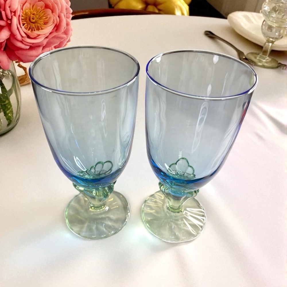 * 2 Italian Bormioli Rocco Bahia Bi Color 16 oz 7.5” Tall Goblet Glasses Emerald
